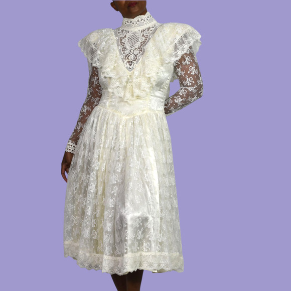 Vintage Jessica McClintock Bridal Dress Ivory White Lace Yoked Ruffle Midi Small - Picture 1 of 16